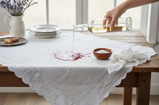Vintage white linen tablecloth with wine stain being treated using professional cleaning methods and natural supplies in an elegant French country setting