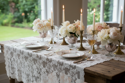 Elegant vintage wedding table with lace tablecloth, antique china, crystal goblets, and romantic candlelight