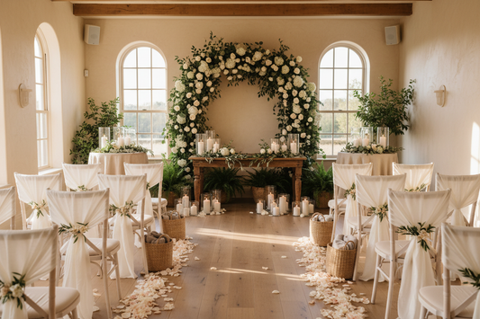 Elegant small wedding venue with white cross-back chairs, linen aisle runner, rose petals, and a floral arch in warm candlelight.