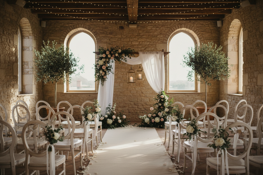 Elegant semi-circle ceremony seating arrangement in an intimate small wedding venue with vintage chairs and romantic lighting