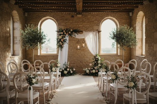 Elegant semi-circle ceremony seating arrangement in an intimate small wedding venue with vintage chairs and romantic lighting