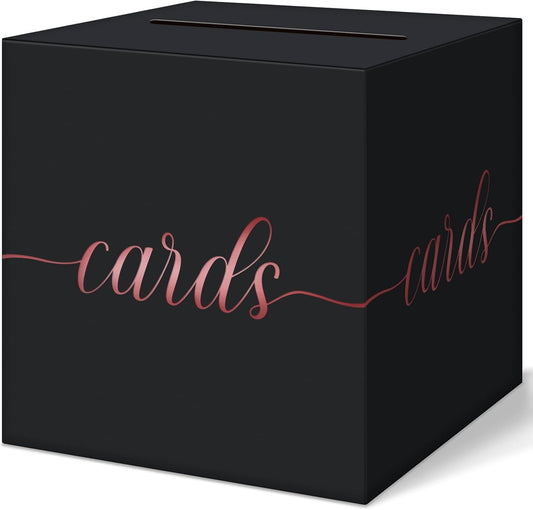 QIKSION Black Wedding Card Box, Rose Gold Foil Gift Card Box for Party, Wedding Reception, Graduation, Birthday, Baby Shower, Raffle