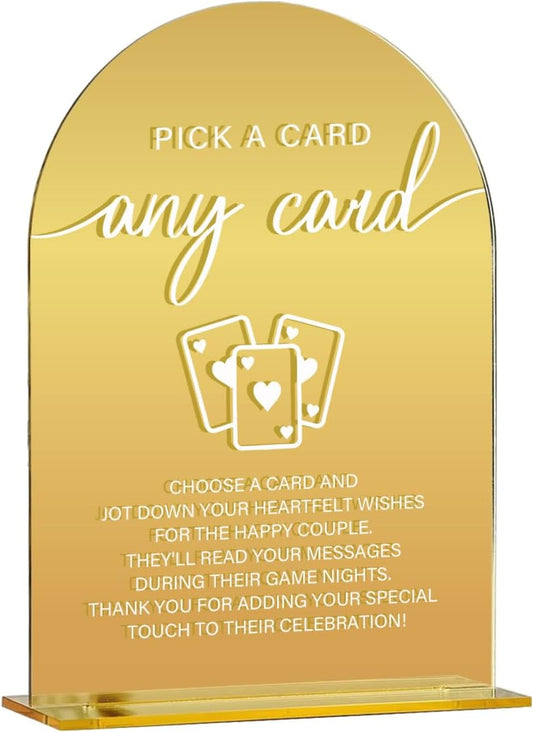 Acrylic Wedding Sign, Bridal Shower Decorations, Pick A Card Sign for Ceremony, Modern Font Table Signs, Gold Mirror Arched Acrylic Tabletop Signs for Wedding Reception and Event Party
