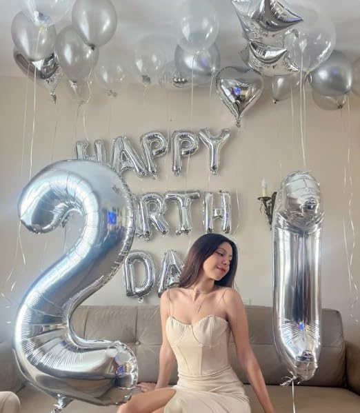 Silver Number 21 Balloon 40 inch, Number 21 Birthday Balloon for Boy Girl, Silver Foil 21 Balloon for 21 12 Birthday Party, Anniversary Celebration Number Balloons Decorations