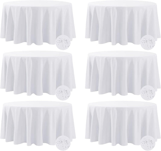 Fokitut 6 Pack Waterproof Round Tablecloth, 108 Inch, Stain Resistant and Wrinkle Polyester Table Cloth, Fabric Table Cover for Kitchen Dining, Wedding, Party, Holiday Dinner-White