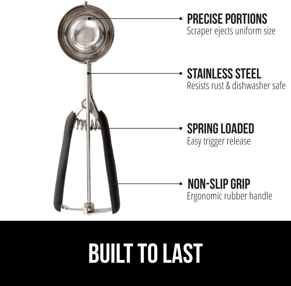 GORILLA GRIP Stainless Steel Cookie Scoop for Baking, 1 TBSP, Multipurpose Melon Baller, Meatball Spring Scoops, Perfect Portion Sizes, Easy Food Release, Scooper Size 60, BPA-Free Kitchen Tool, Black