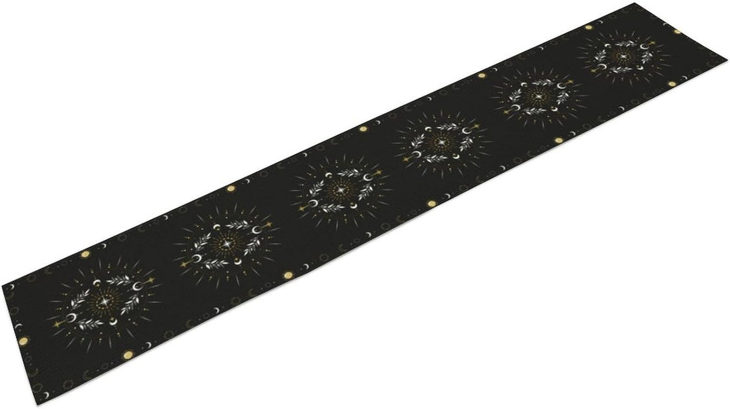 Sun Moon Table Runner - Magical Leaves Mysterious Western Traditional Elements Black White Table Runner for Party Living Room Home Kitchen Dinner - 13x36 Inch