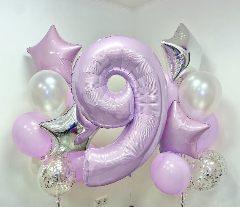 Dusty Pastel Purple Number 9 Balloons, 40 Inch Large Light Purple Foil Number Balloons Set 0-9 for Girls, Globos de Numero 9 Helium Balloon for 9th Age Birthday Anniversary Party Decorations Supplies