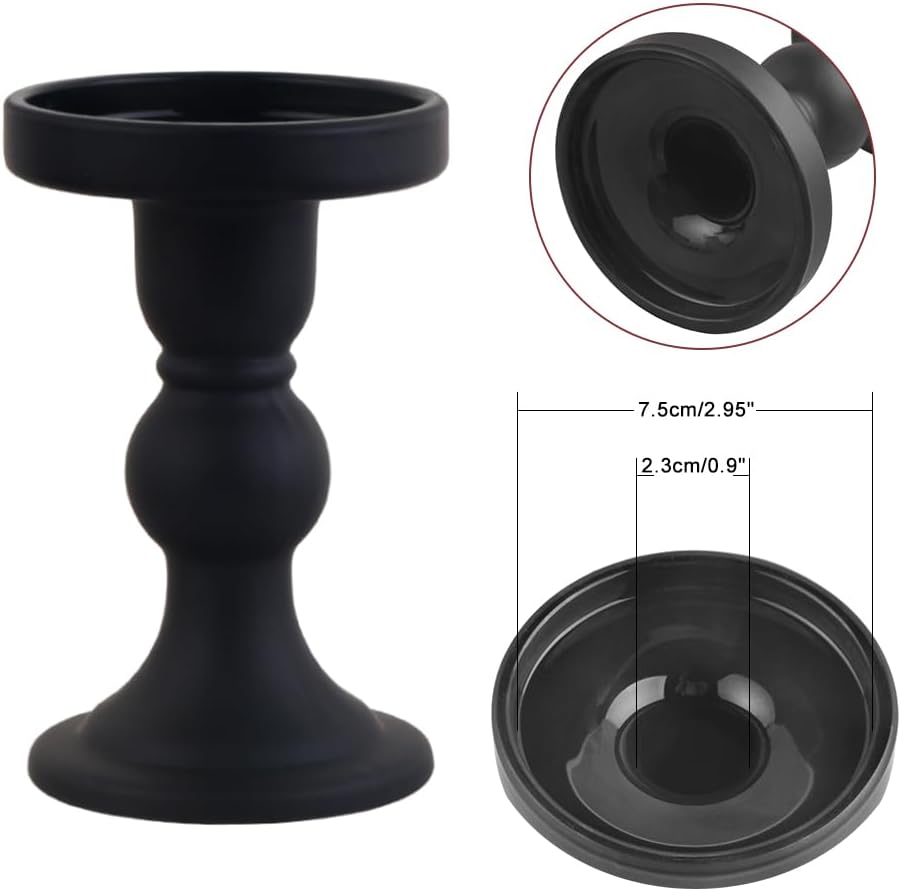 6-Piece Set of Black Glass Candlestick, Crystal Candlestick Holder Holder and Conical Candle, Christmas Candle Holder Decoration, Family Living Room Wedding Candle Holder (black2sets)