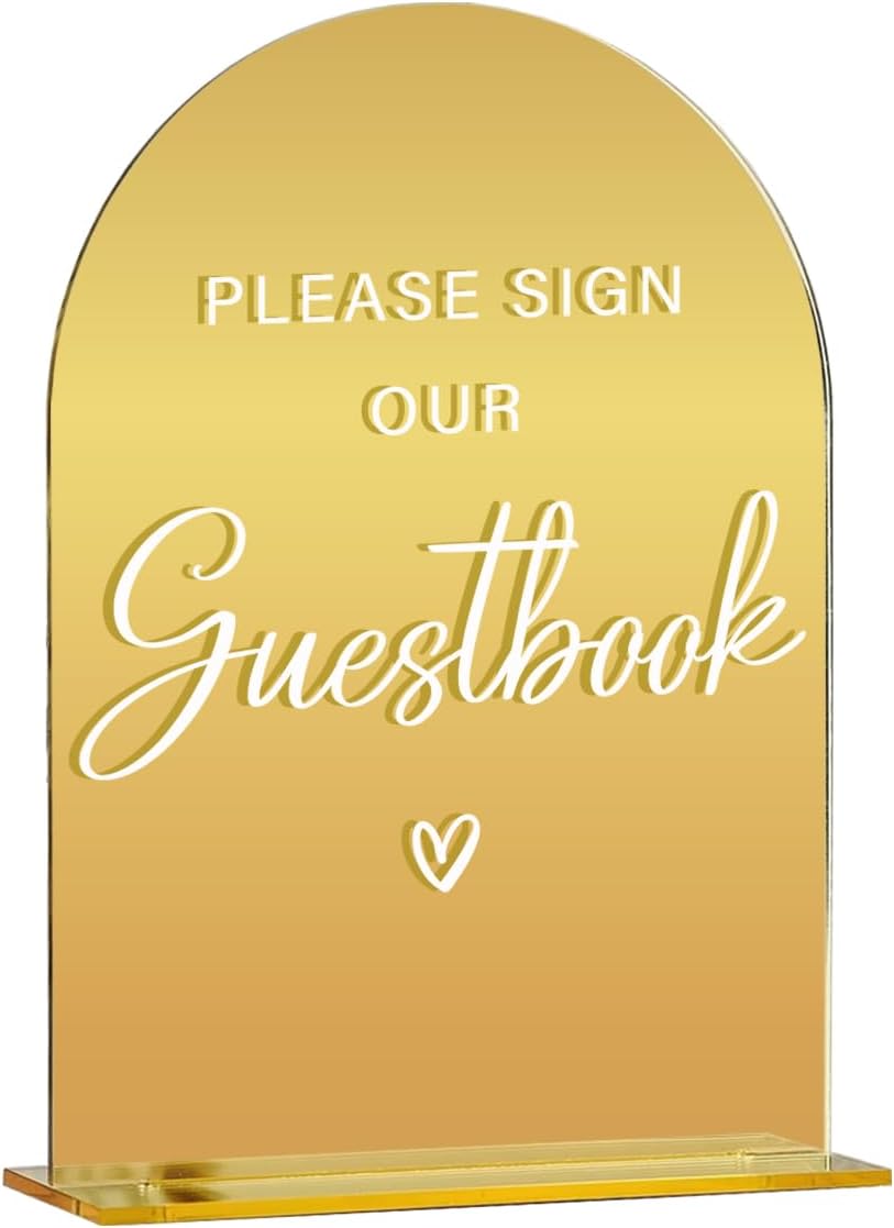 Acrylic Wedding Sign, Bridal Shower Decorations, Please Sign Our Guestbook Sign for Ceremony, Modern Font Table Signs, Gold Mirror Arched Acrylic Tabletop Signs for Wedding Reception and Event Party