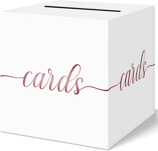 QIKSION White Wedding Card Box, Rose Gold Foil Gift Card Box for Party, Wedding Reception, Graduation, Birthday, Baby Shower, Raffle