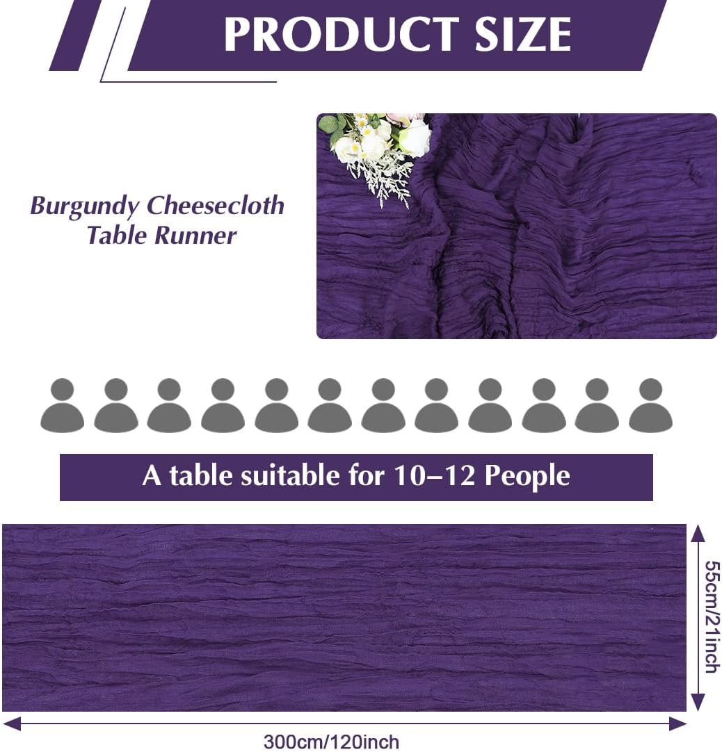 10 Pack Purple Cheesecloth Table Runner -21*120Inch Long Boho Wedding Table Decor, Rustic Gauze Fabric Runner for Bridal Showers, Baby Showers & Parties (Sheer, Lightweight, Wrinkled Design)