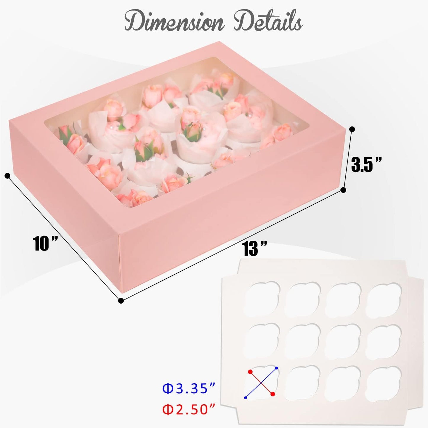 12 Cupcake Containers 20-Packs Pink Cupcake Box Cupcakes Carrier, 12 Cupcake Boxes with Window 13"x10"x3.5"（Auto-pop up）