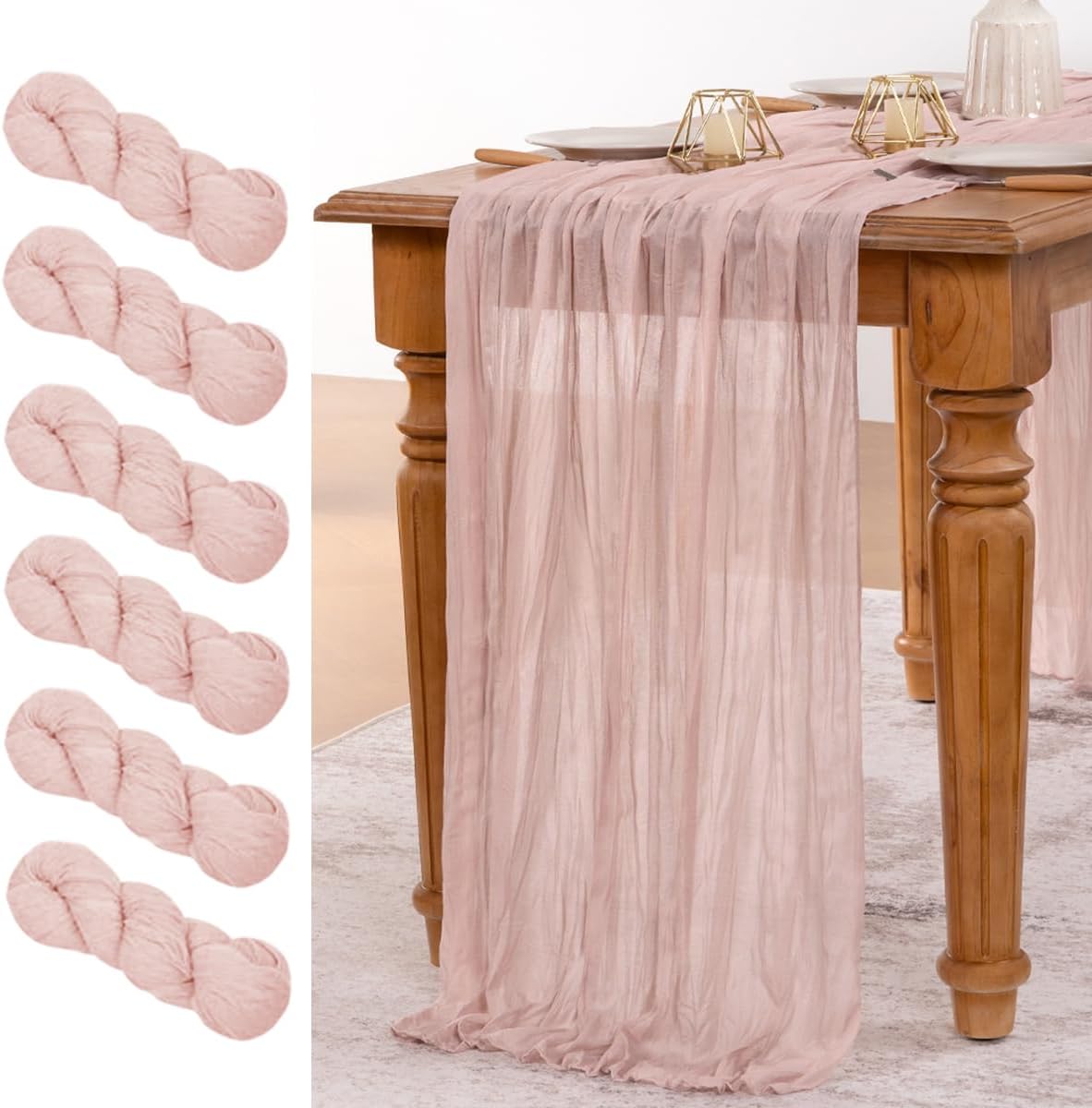 MLMW 6 Pack Pink Cheesecloth Table Runner Boho Gauze Rustic Cheese Cloth Table Runner 160 inch Sheer 13.3ft for Gender Reveal Wedding Party Baby Bridal Shower Birthday