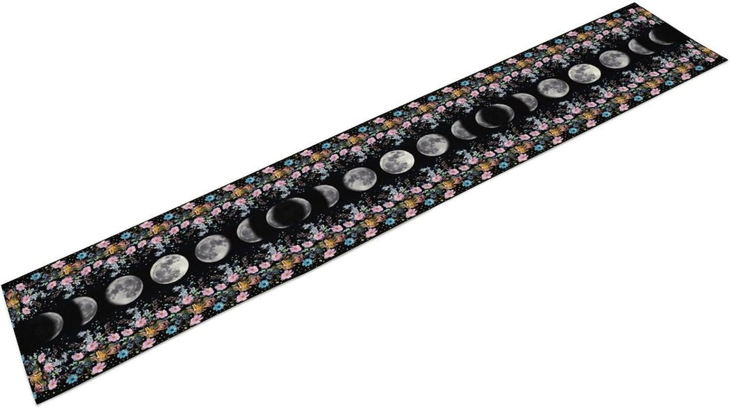 Boho Floral Moon Table Runner, Spring Flower Leaves Mystical Gothic Sun Moon Table Runner for Kitchen Dining Table Home Party,13x36 Inch Purple