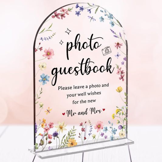 Wedding Sign Decor, Photo Guest Book Sign, Arch Acrylic Wedding Sign for Reception & Event, Bridal Shower Decorations, Wedding Table Sign Accessories for Anniversary And Event 5x7 Inch (Flower)