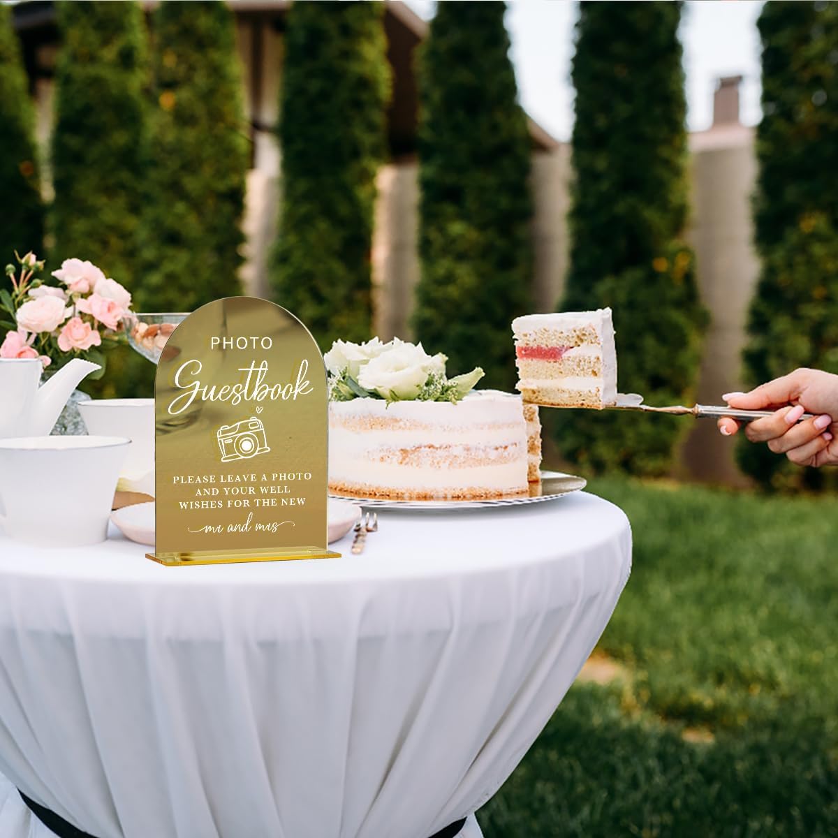 Acrylic Wedding Sign, Bridal Shower Decorations, Photo Guestbook Sign for Ceremony, Modern Font Table Signs, Gold Mirror Arched Acrylic Tabletop Signs for Wedding Reception and Event Party