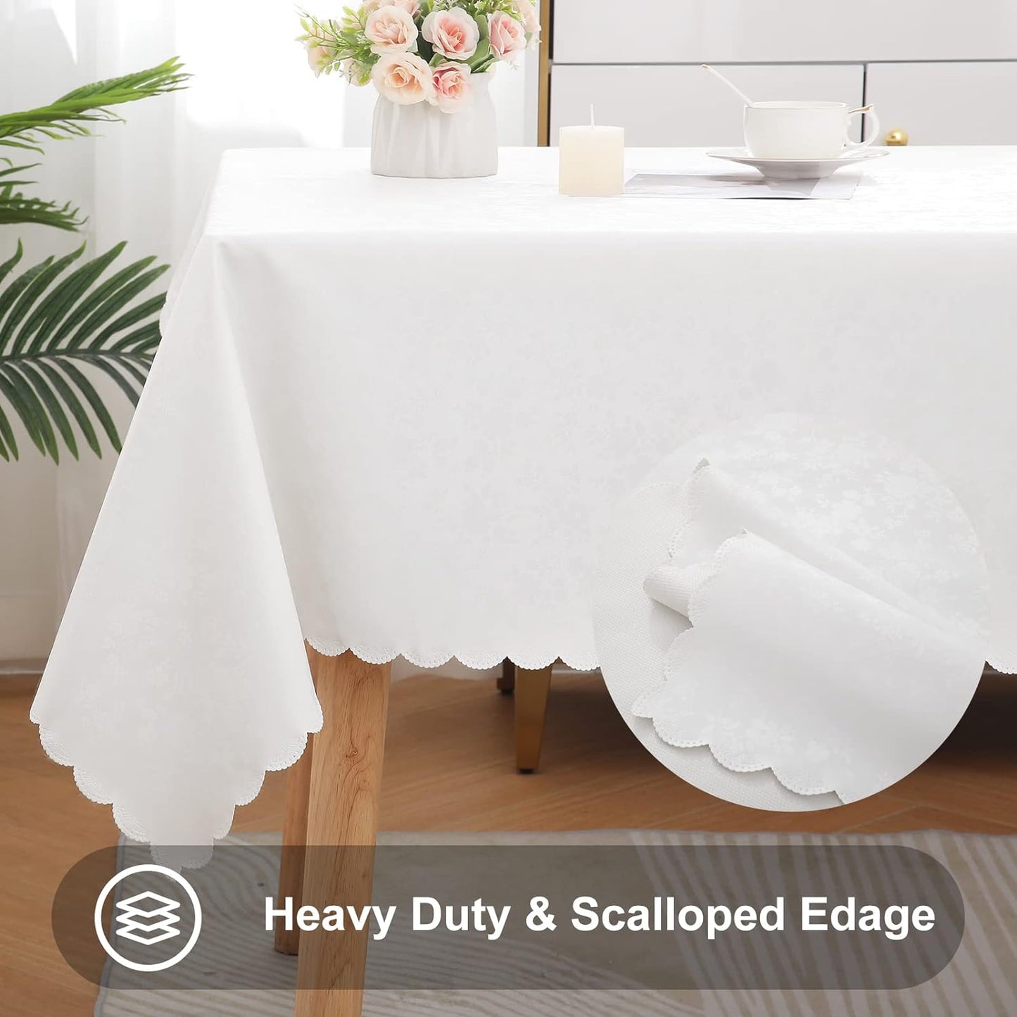 Smiry Rectangle Table Cloth, Waterproof Heavy Duty Vinyl Tablecloths, Wipeable Washable Table Cover for Kitchen and Dining Room (White, 60" X 102")