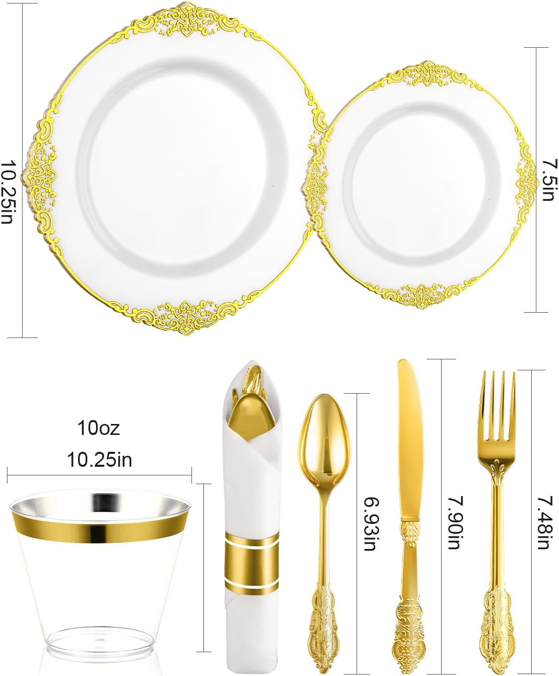 Goodluck 350 Piece Gold Plastic Dinnerware Set for 50 Guests, Fancy Disposable Plates, Include: 100 Gold Rim Plastic Plates, 150 Silverwares, 50 Pre Rolled Napkins, 50 Cups for Party, Wedding