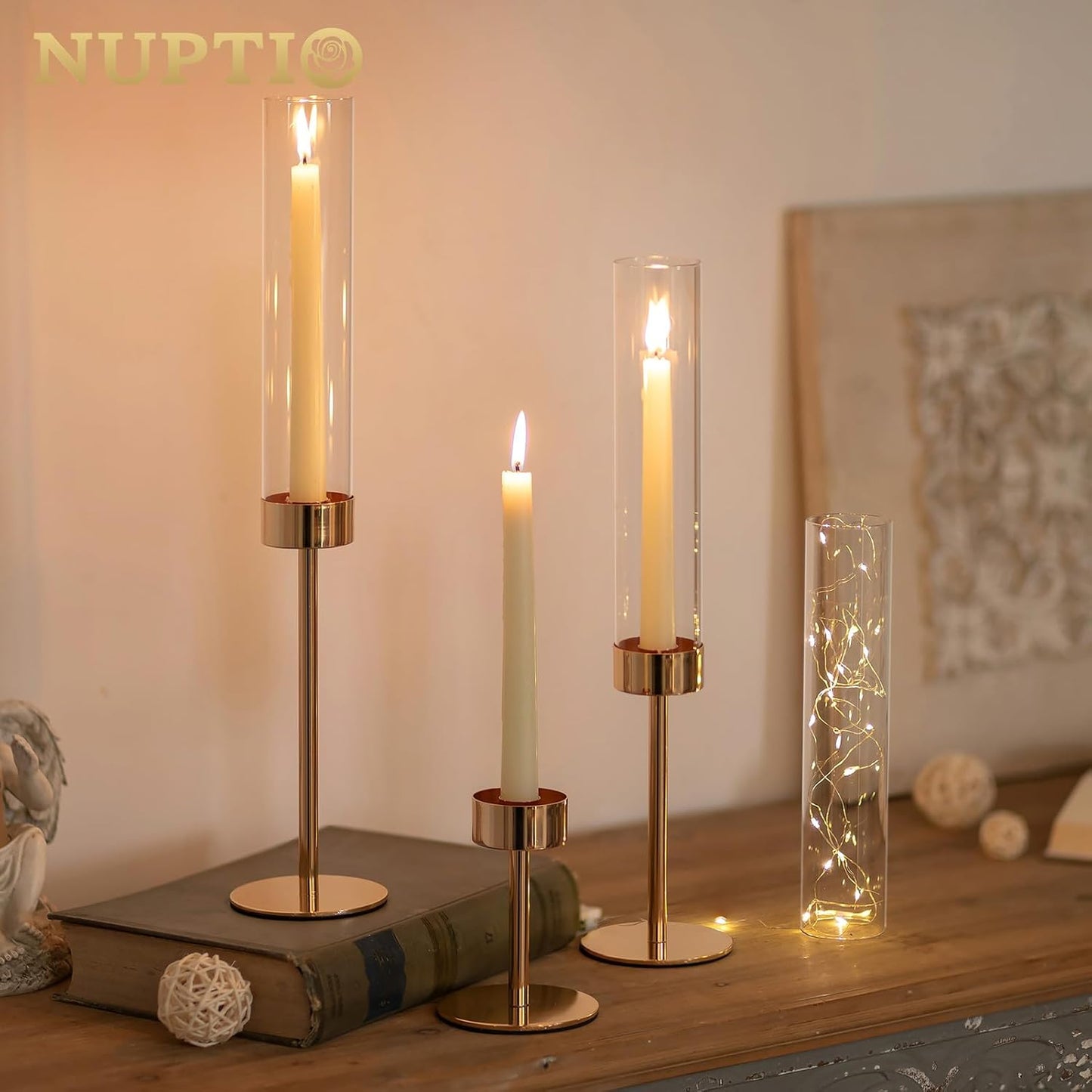 NUPTIO Hurricane Candlestick Holders for Centerpiece: Gold Taper Candles Stick Holders with Clear Glass Chimney - Tall Candleholder Set of 3 for Birthday Party Outdoor Decor