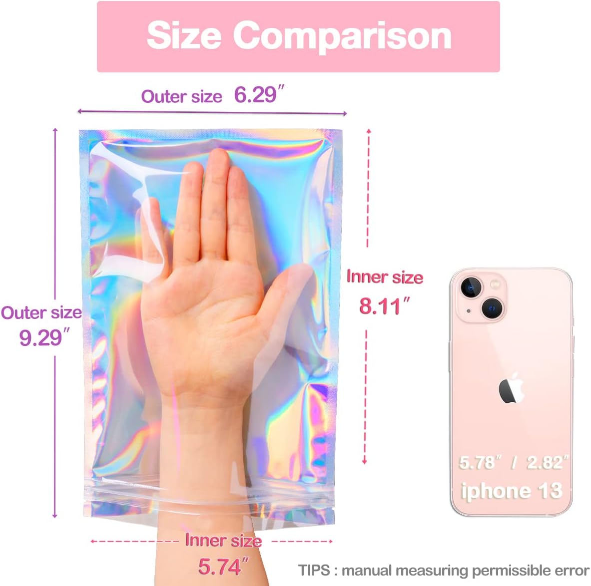 Smell Proof Bags & Resealable Foil Pouch Mylar Sample Bag Great for Party Favor Food Storage (Holographic Color) (50pcs-6x9 inch)