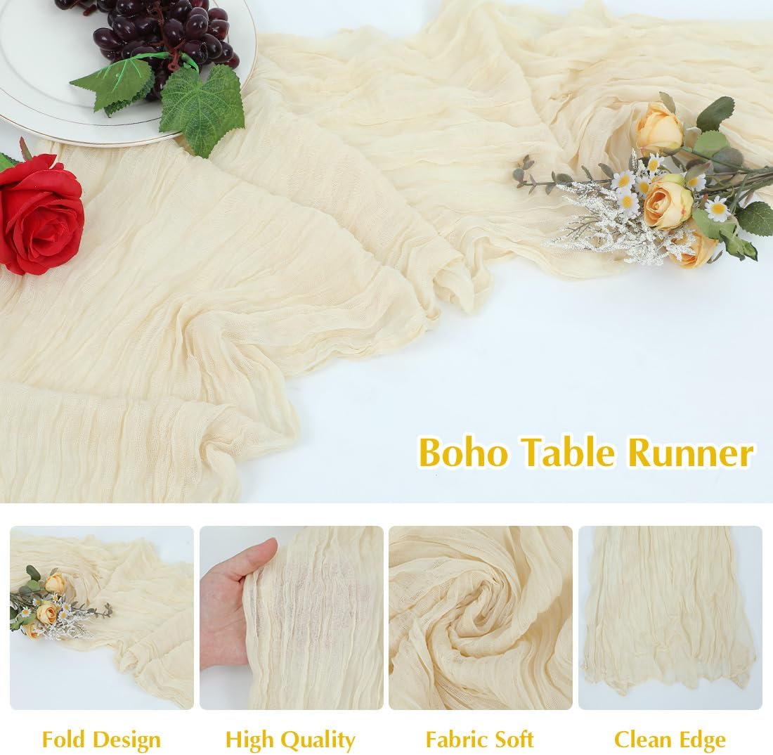 Beige Cheesecloth Table Runner -21*120Inch Long Boho Wedding Table Decor, Rustic Gauze Fabric Runner for Bridal Showers, Baby Showers & Parties (Sheer, Lightweight, Wrinkled Design)