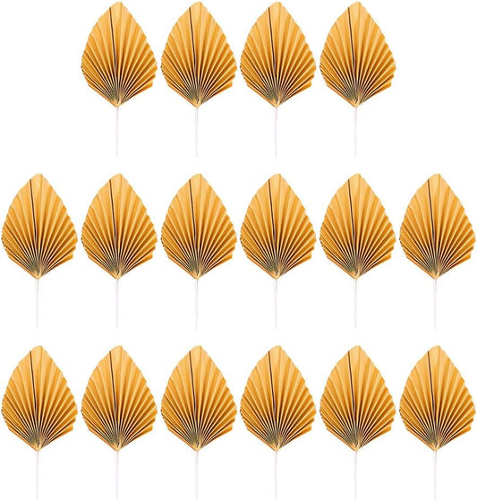 16pcs Golden Tree Leaf Folding Fan Cake Toppers - Elegant Boho Cake Decorations for Birthday Party, Wedding, and Anniversary - 4.33 * 1.96 * 0.39inch