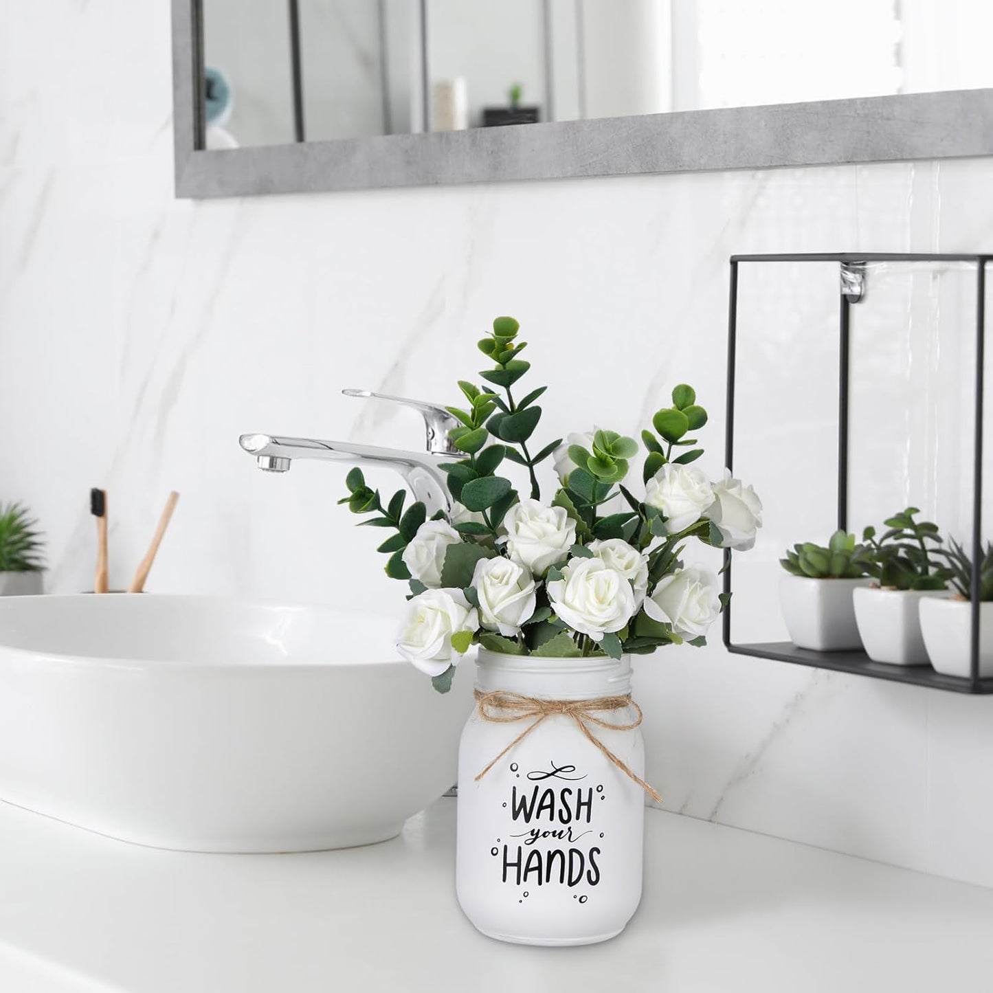 XunYee Farmhouse Bathroom Decor Wash Your Hands Sign Mason Jar with Flowers 16.9 oz White Mason Jar Centerpiece Table Rustic Decor for Restroom Bathroom Shelf Bridal Shower Kitchen
