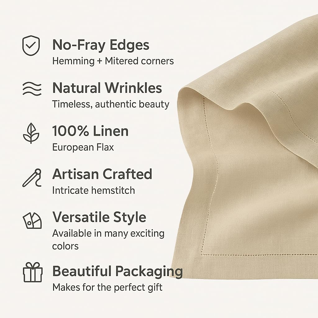 100% Pure Linen Green Napkins 20 x 20 Inch - Hemstitch Christmas Dinner Napkins Set of 4 - Cloth Fabric Napkins for Thanksgiving, Winter, New Year - Elara