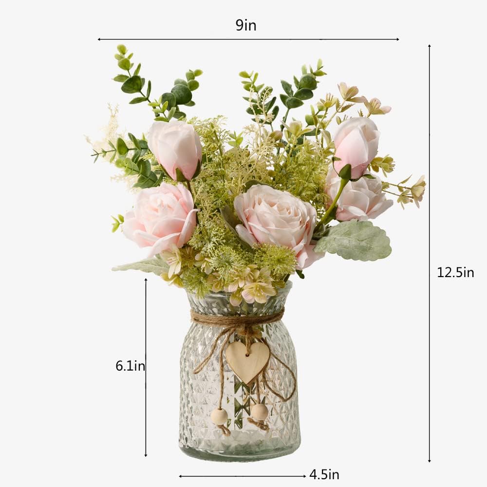 YJ Fake Flowers with Vase, Artificial Flowers Silk Roses Flower Bouquet in Vase, Faux Flower Arrangements,Farmhouse Table Decor,Table Decorations for Living Room,Coffee Table Decor(Pink)