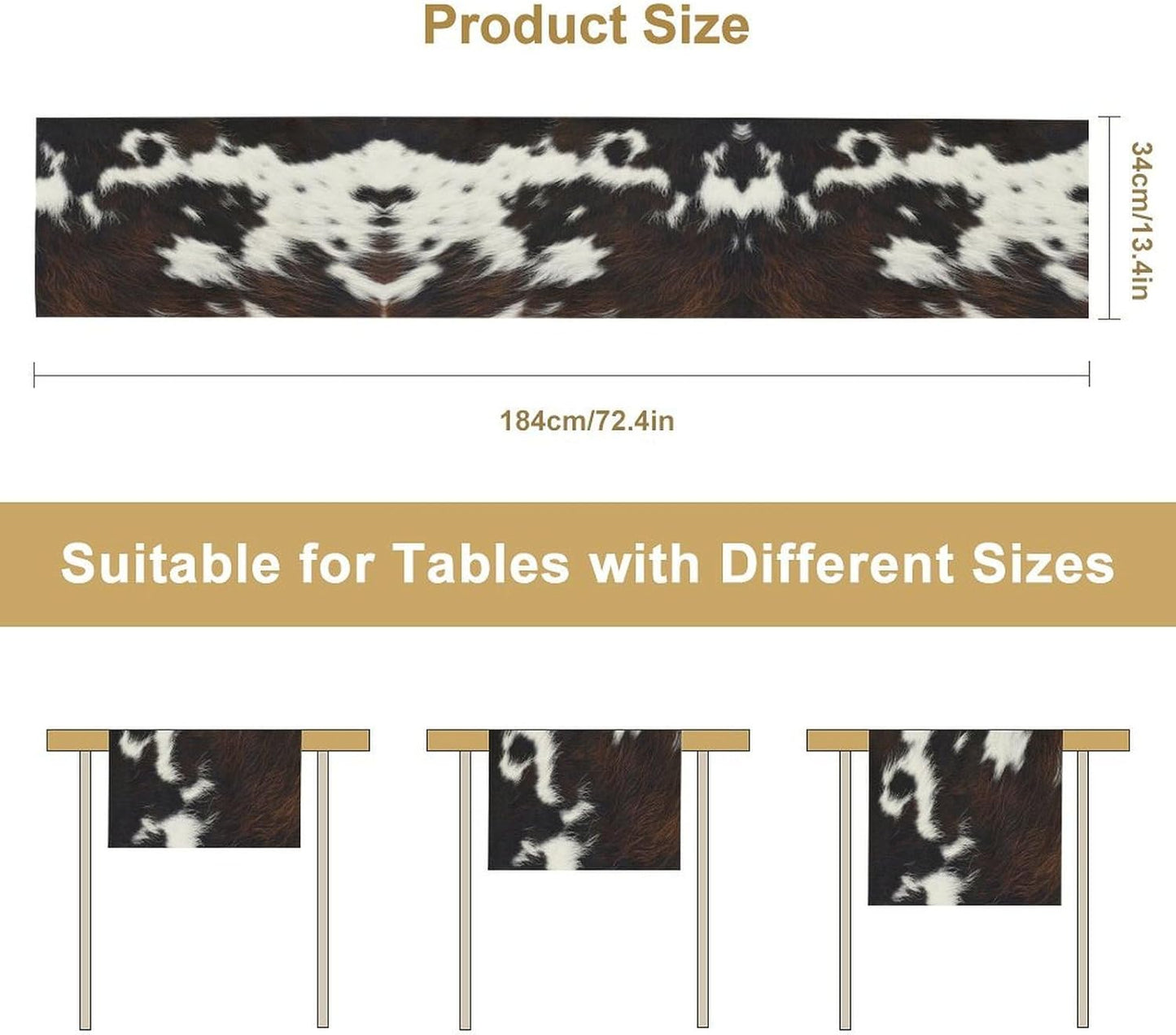 Cow Print Table Runner, Brown Cowhide Print Western Style Table Runner Country Farmhouse Cottage Cow Patten Table Decoration for Home Kitchen Dining, 13x90 Inch