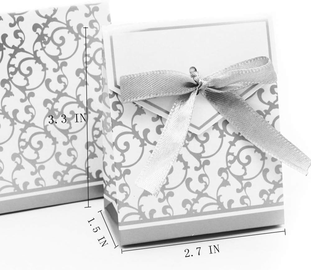 KUPOO 50PCS Candy Boxes,Silver Ribbon Wedding Favor Boxes Candy Bag Cake Box for Wedding Party Decoration Easter (silver)