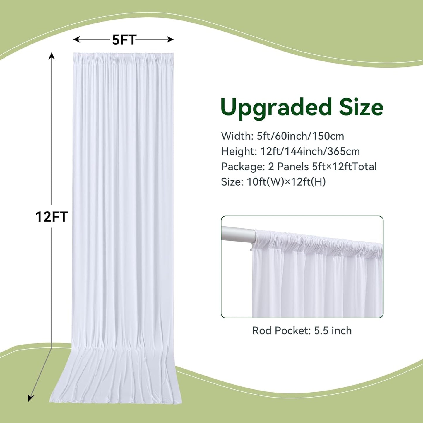 10×12ft White Wrinkle Free Backdrop Curtain, Soft Silky Easy to Drape Wedding Drapes for Backdrop, 2 Panels 12 ft Long Backdrop Curtains for Parties Birthday Baby Shower Photo Photography Background