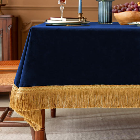 F-CHU Luxury Blue Tablecloth Thickset Velvet Tablecloth with Beautiful Gold Tassels Vintage Table Cloth for Home Decor Wedding, Party, Banquet and Events 60x70-Inch