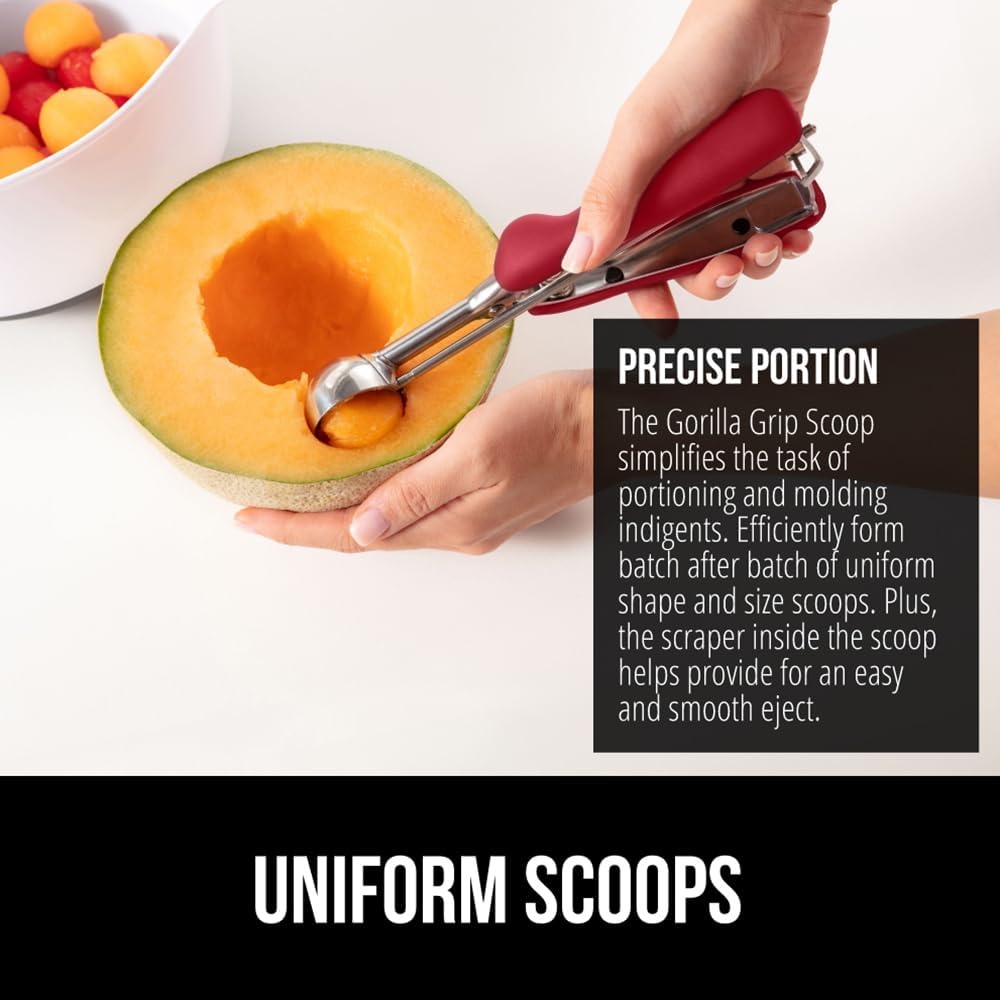 GORILLA GRIP Stainless Steel Cookie Scoop for Baking, 2 TSP, Multipurpose Melon Baller, Meatball Spring Scoops, Perfect Portion Sizes, Easy Food Release, Scooper Size 100, BPA-Free Kitchen Tool, Red