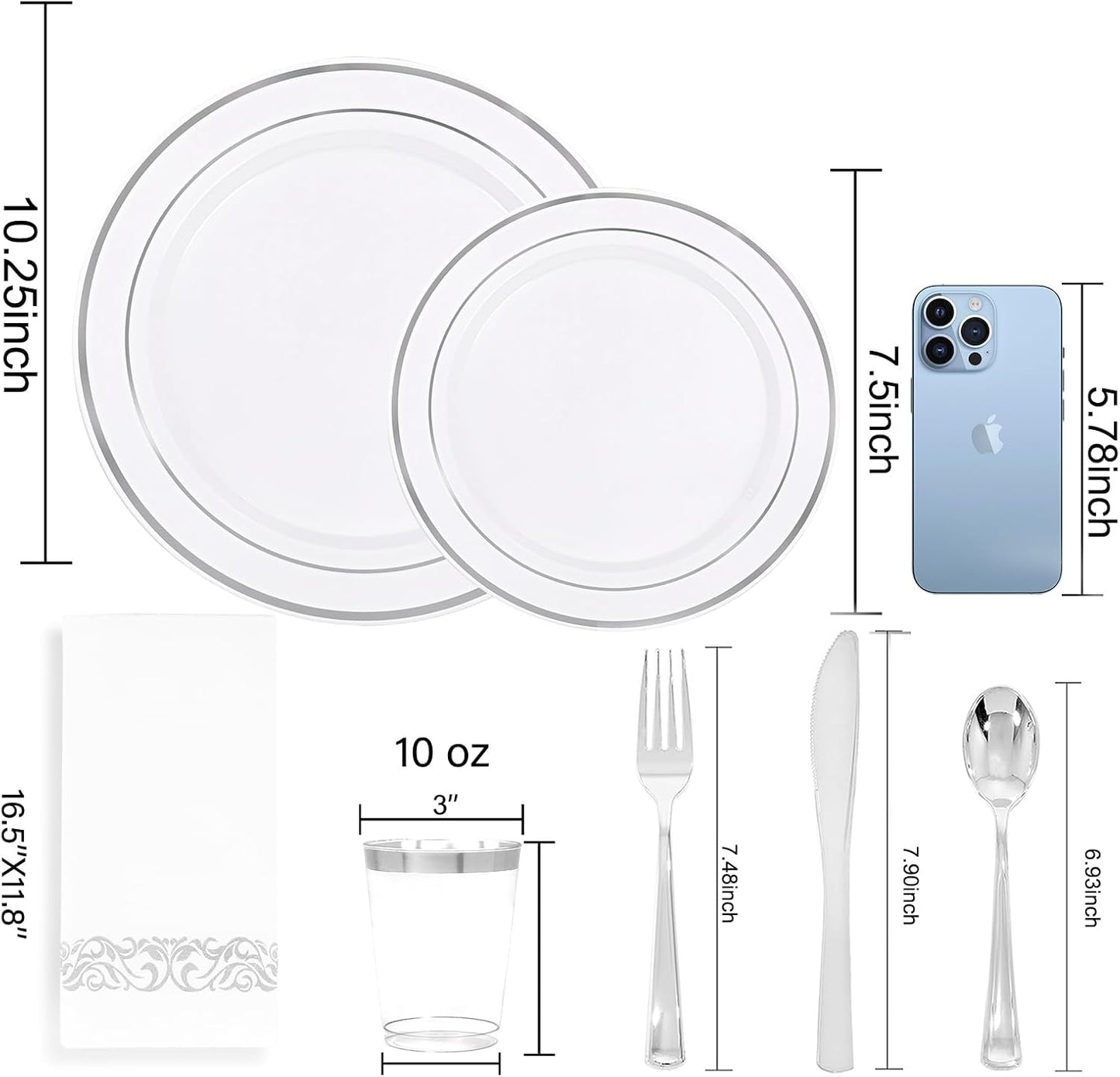 350 Pcs Silver Plastic Plates - Silver Dinnerware Set of 50 Dinner Plates 50 Dessert Plate 50 Silverware 50 Napkins 50 Cups for Christmas Party&Wedding