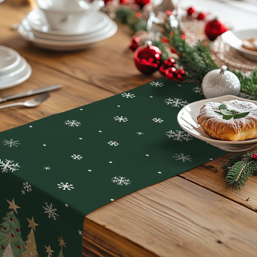 GEEORY Christmas Table Runner 13x72 Inch, Xmas Trees Snowflakes Holiday Decorative Farmhouse Table Decoration for Kitchen Dinning, Indoor Outdoor Dinner Party Decor (Green) GT152-72