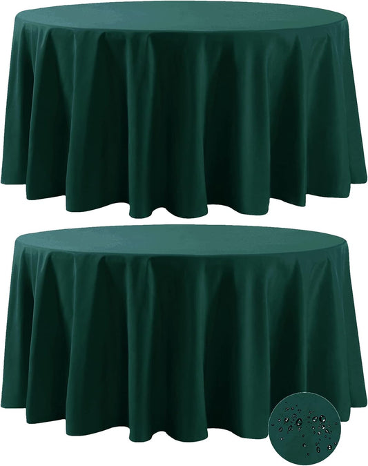 Fokitut 2 Pack Waterproof Round Tablecloth, 132 Inch, Stain Resistant and Wrinkle Polyester Table Cloth, Fabric Table Cover for Kitchen Dining, Wedding, Party, Holiday Dinner-Hunter