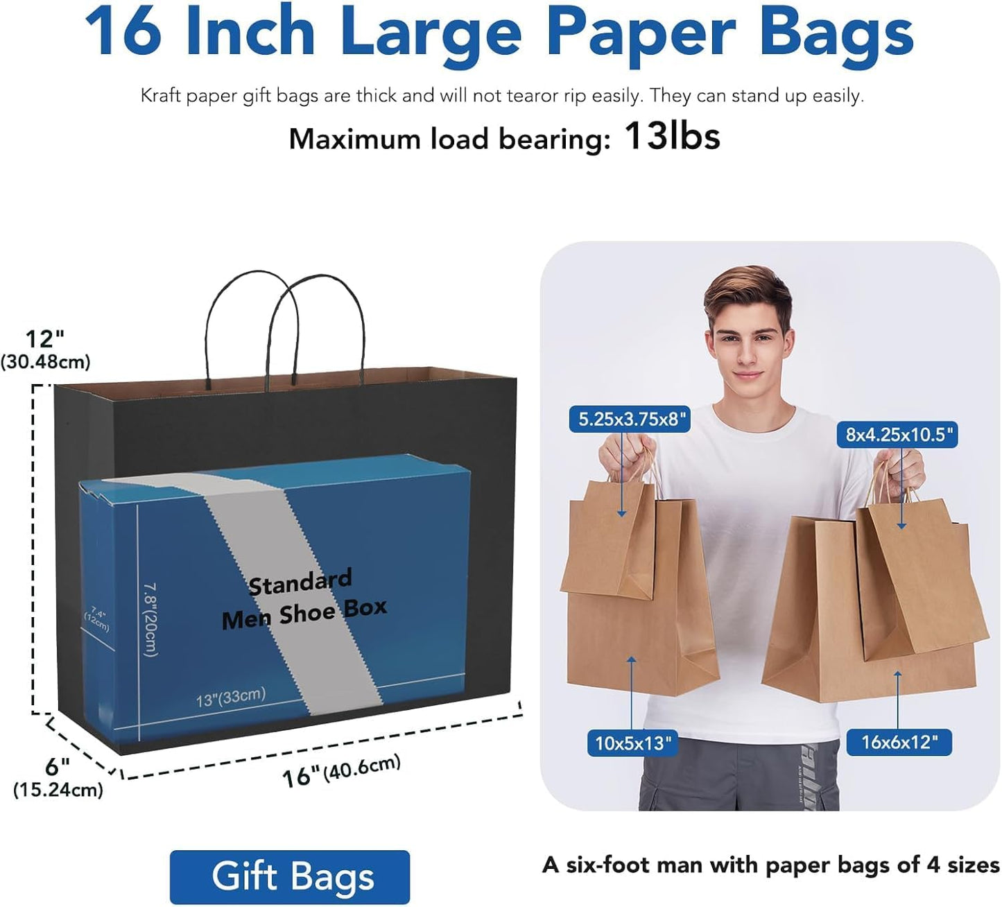 GSSUSA 16x6x12 Inches Large Paper Bags with Handles, 6000 Pack Black Paper Gift Bag, Recyclable Kraft Paper Shopping Bags for Small Business, Party Favor, Craft Bag for Boutique