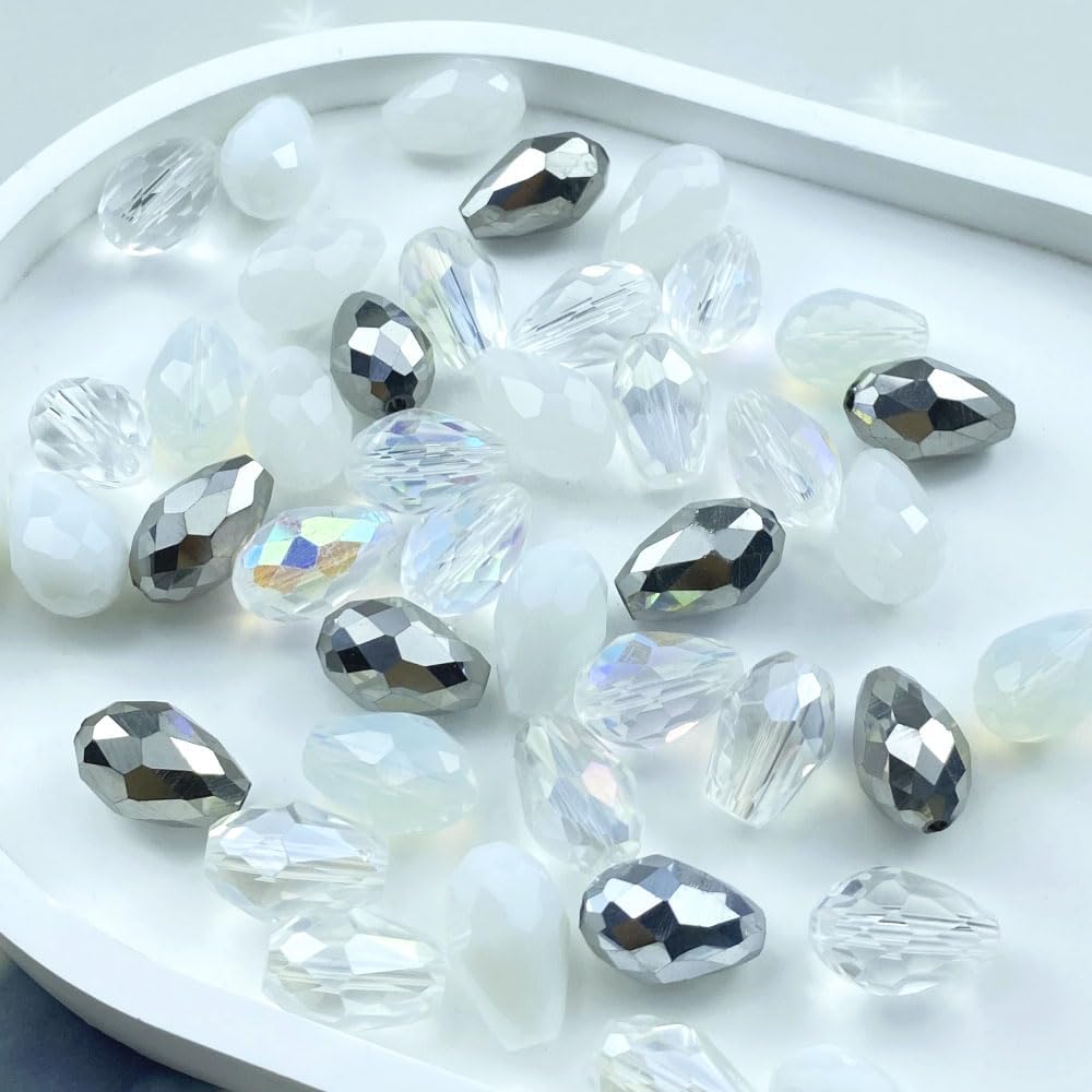 110pcs 6x8mm Teardrop Crystal Glass Beads Vertical Hole Faceted Loose Spacer Beads for DIY Craft Jewelry Making Necklace Bracelet Earring Wind Chimes(White Series)