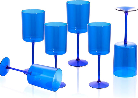 Ciaell 6 Pack Blue 10 Oz Plastic Wine Glasses with Stem - Disposable Wine Glasses for Parties & Weddings & Poolside & Outdoors & Camping