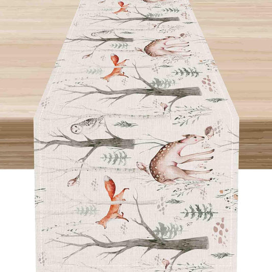 Rustic Woodland Table Runner, Farmhouse Forest Animals Country Lodge Wild Hunt Deer Fox Table Center Decor for Home Kitchen Dining Patio Holiday Party Indoor Outdoor Table Decorations, 13"x36" Inch