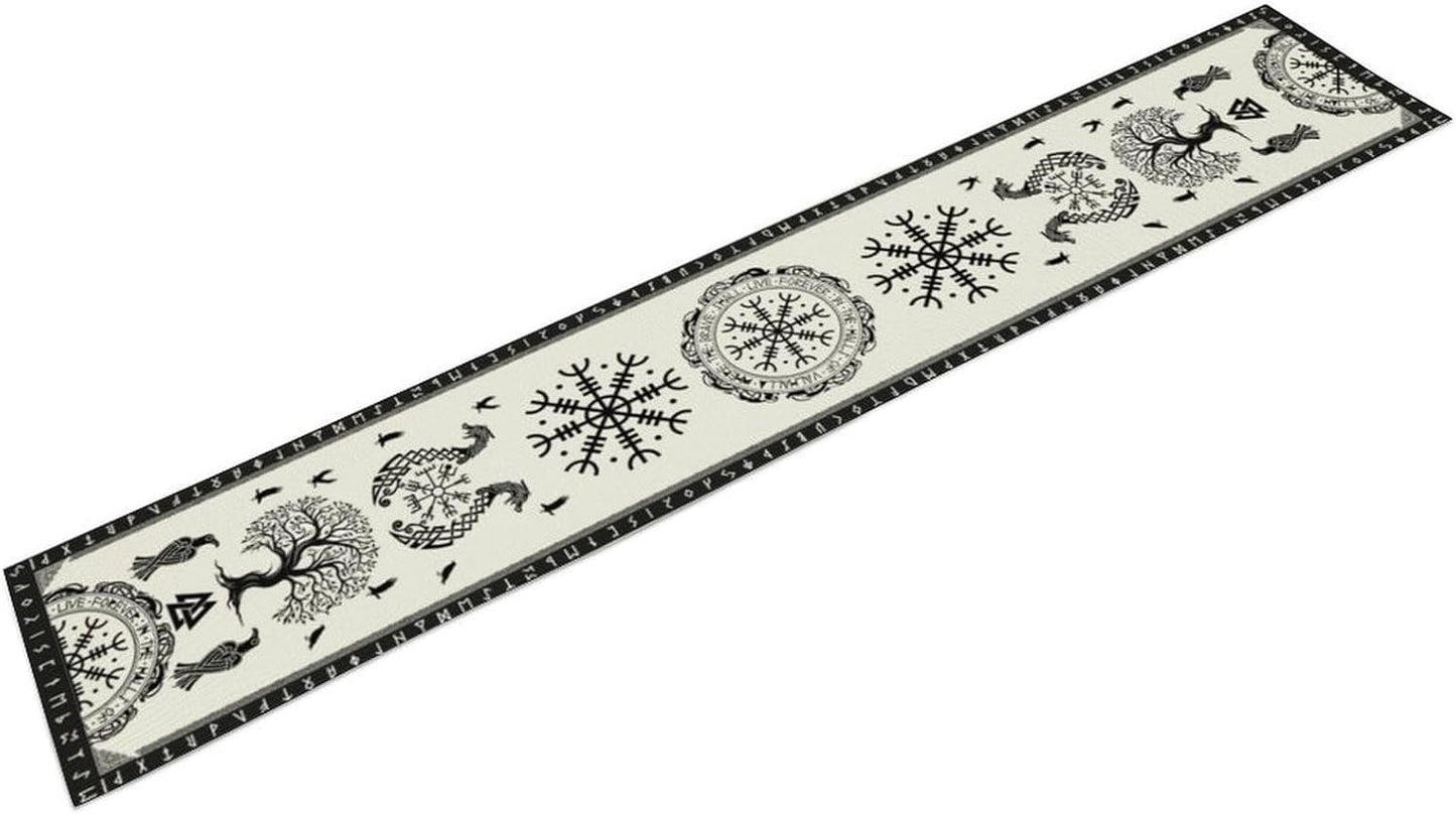 Ancient Abstract Pattern Table Runner, Tree of Life Eagle Dragon Boat Rudder Black and White Table Runner for Party Kitchen Dinner Cafe Bedroom Living Room Outdoor Table Runner 13x120 Inch
