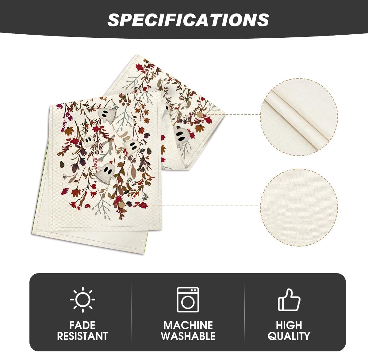 Artoid Mode Ghost Flowers Leaves 210 GSM Halloween Table Runner,Seasonal Fall Kitchen Dining Table Decoration for Home Party Decor 13x72 Inch