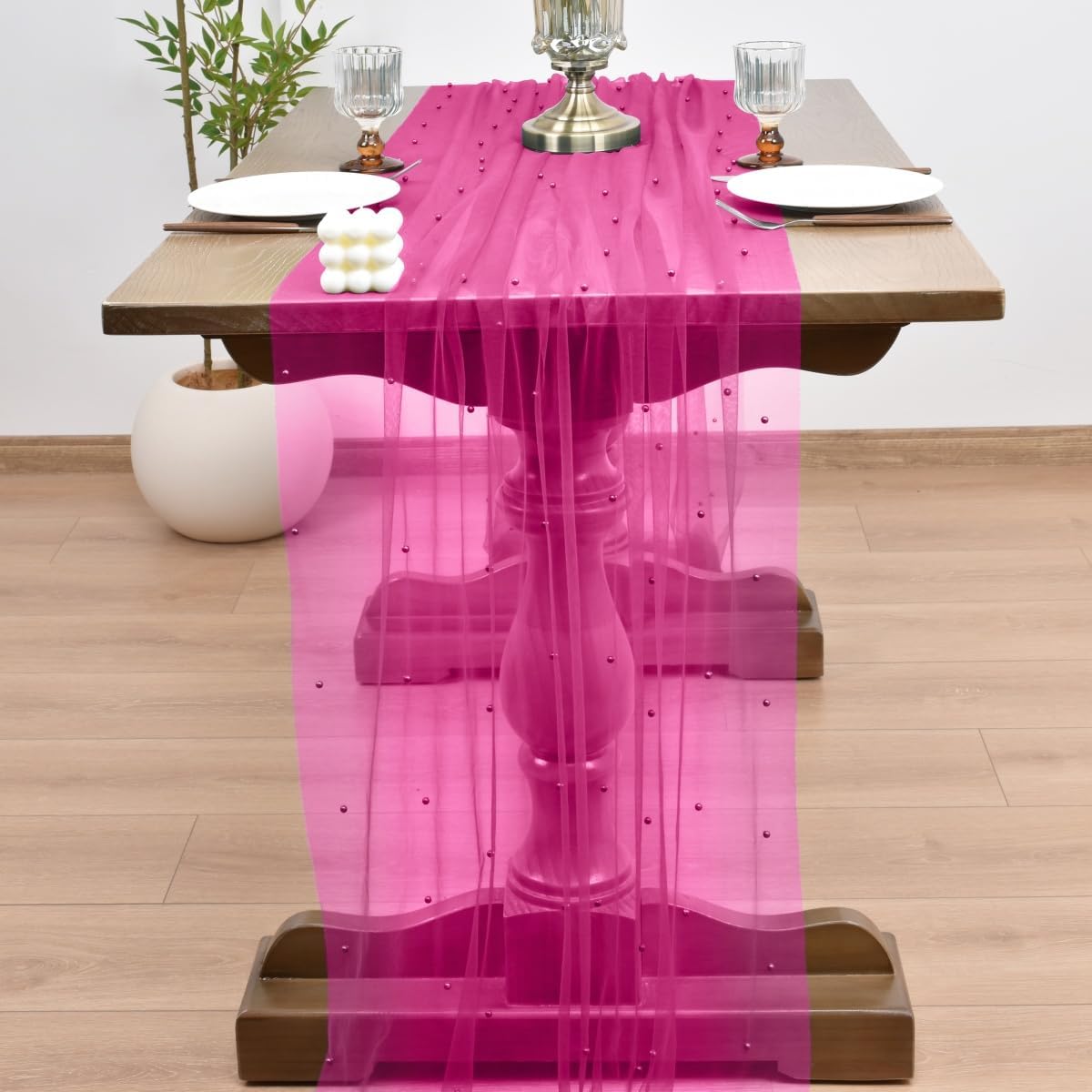 Joanlody Fall Fuschia Pearl Table Runner 10ft Rustic Boho Tulle Table Runner with Pearls for Baby Shower Wedding Party Veil Dessert Thanksgiving Table Decor Hot Pink 4pcs