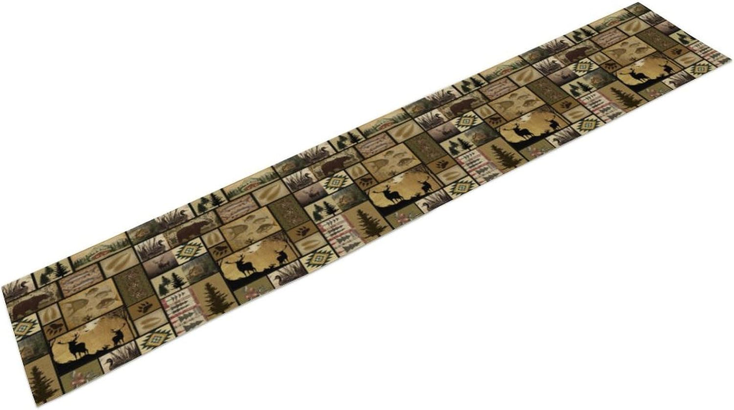 Vintage Deer Bear Table Runner, Fish Retro Farmhouse Cabin Lake Country Lodge Table Runner for Home Dinner Kitchen Living Room, 13x108 Inch
