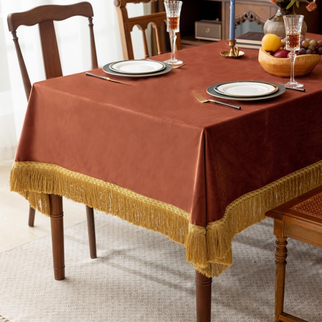 F-CHU Luxury Burnt Orange Tablecloth Thickset Velvet Tablecloth with Beautiful Gold Tassels Table Cloth for Home Decor Wedding, Party, Banquet and Events 60x120-Inch
