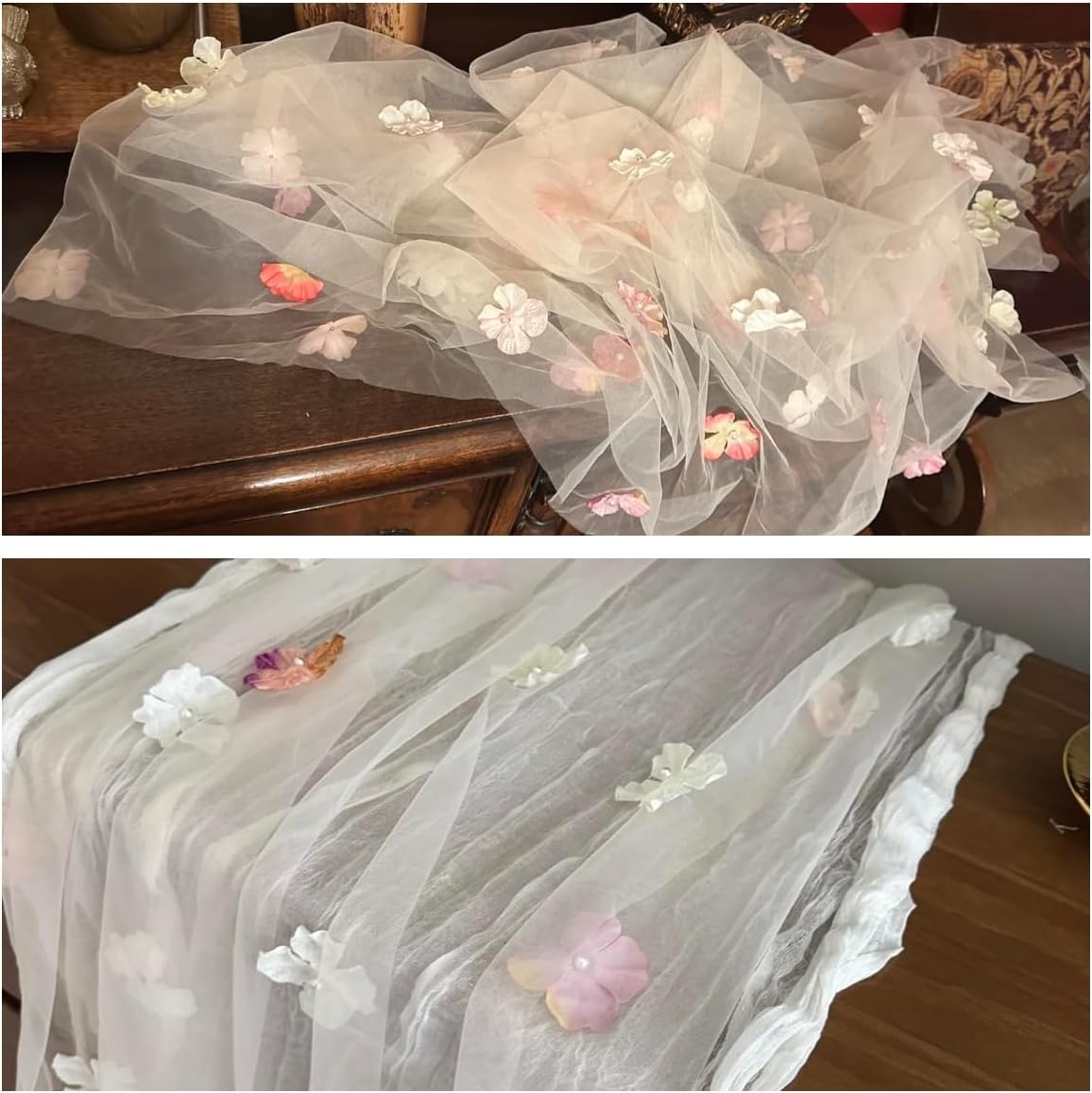 Romantic Artificial Floral Table Runner 10ft Gauze Tulle Lace Table Runner Set for Wedding Baby Shower Bridal Shower Holiday Kitchen Dining Table Decoration for Home Party Special Occasion