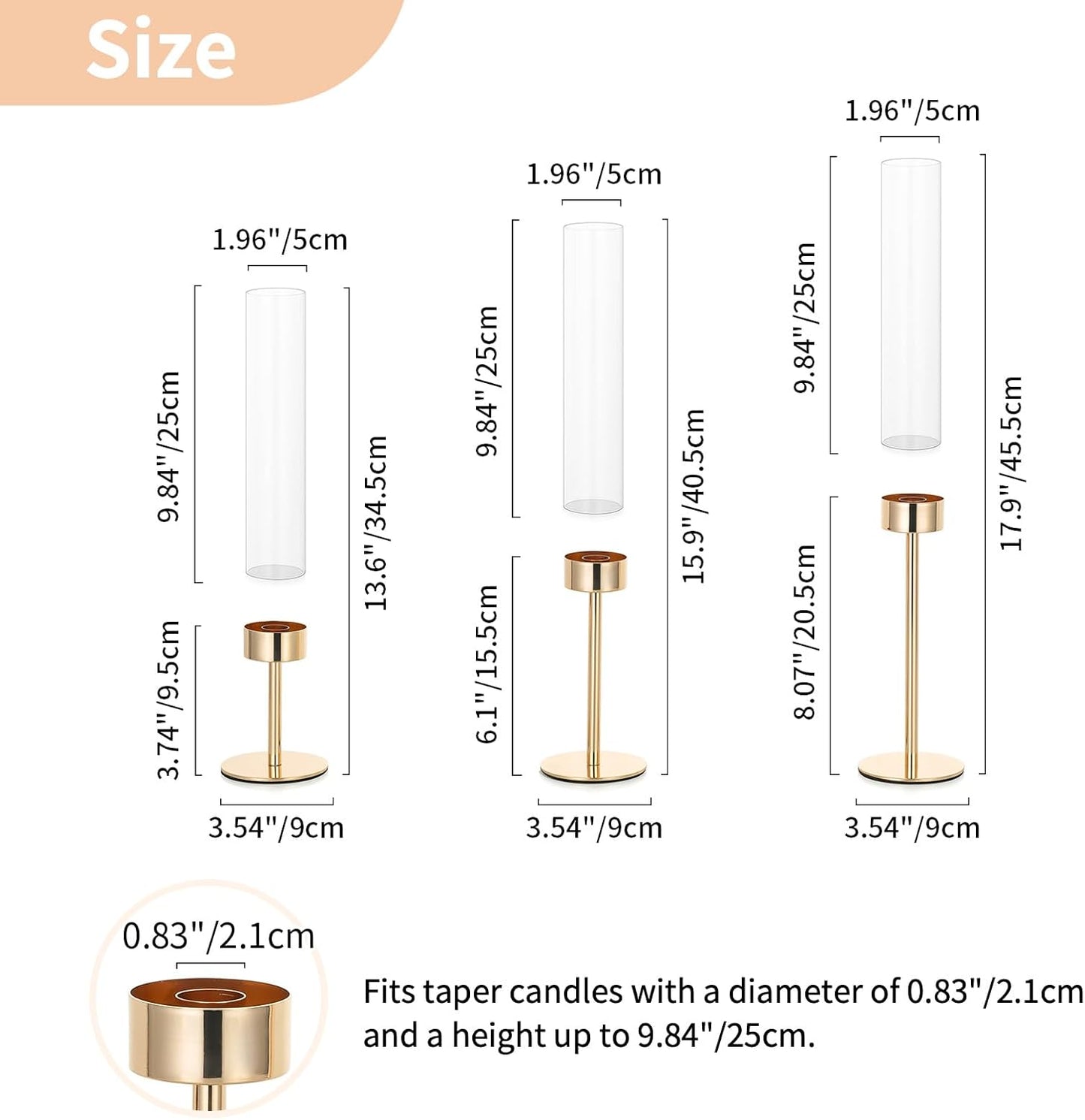 NUPTIO Hurricane Candlestick Holders for Centerpiece: Gold Taper Candles Stick Holders with Clear Glass Chimney - Tall Candleholder Set of 3 for Birthday Party Outdoor Decor
