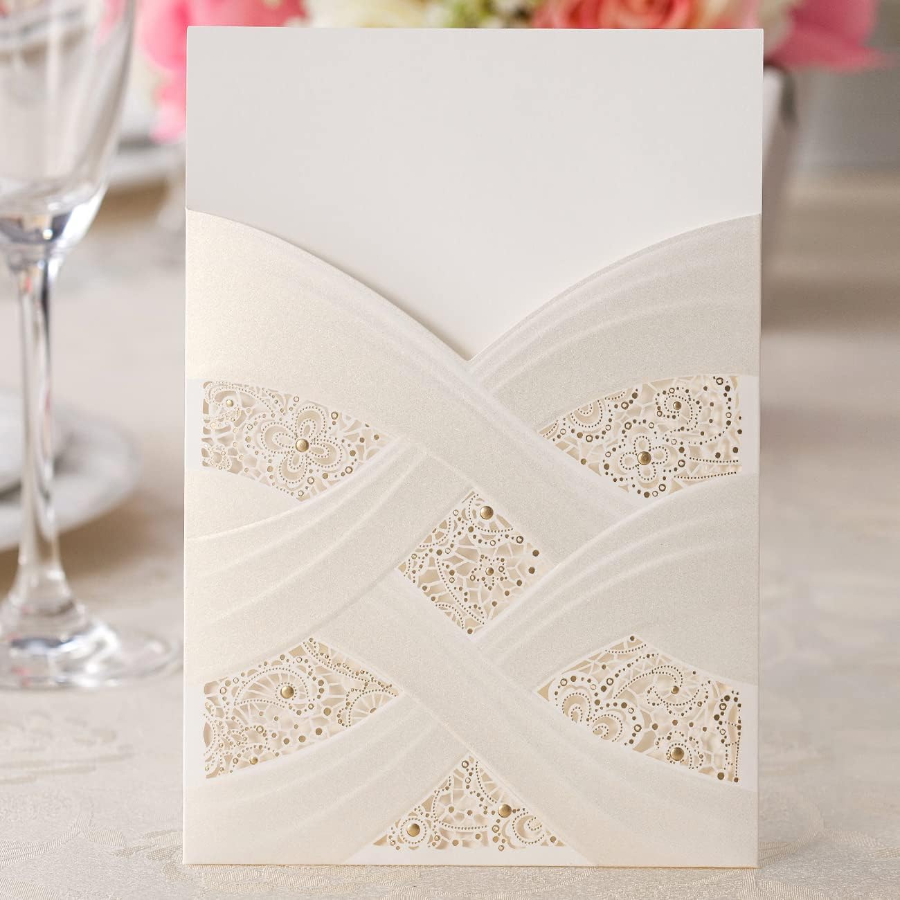 Hosmsua 5.12x7.2 50PCS Blank Wedding Invitations Kit Laser Cut light Gold Hollow Foil Flora Lace Sleeve Pocket with Envelopes for Quinceanera Wedding Invitation